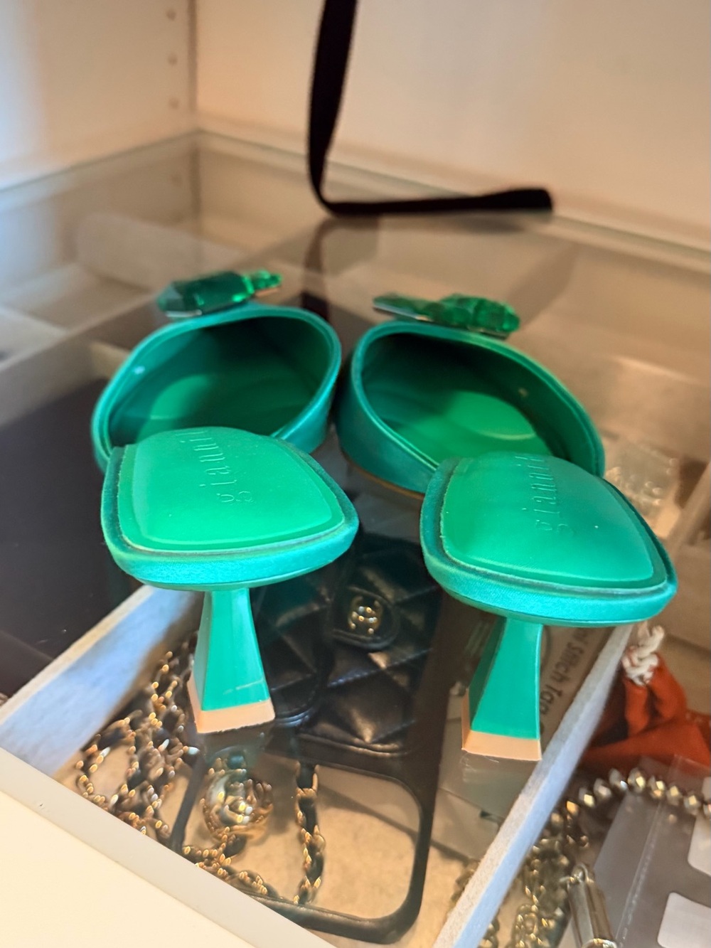 Gianni Bini Teal Satin Pointed-Toe Mules with Gem Embellishment - Picture 6 of 6